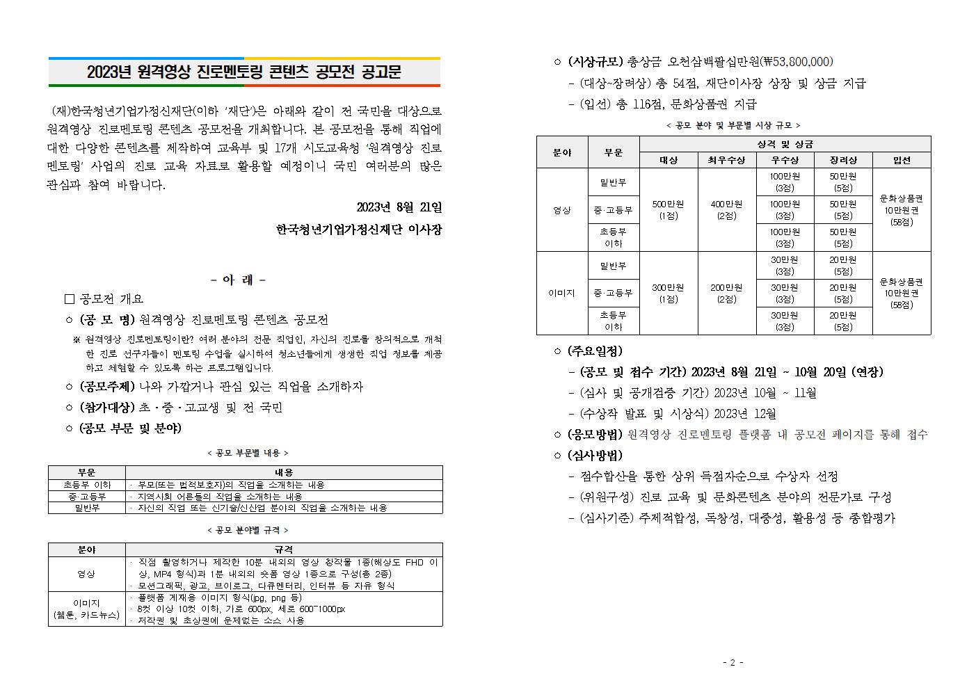 [거제고현중학교-11066 (첨부) 한국청년기업가정신재단 문화조성본부] [붙임] 1. 2023 원격영상 진로멘토링 콘텐츠 공모전 변경 공고문 (안)001.jpg